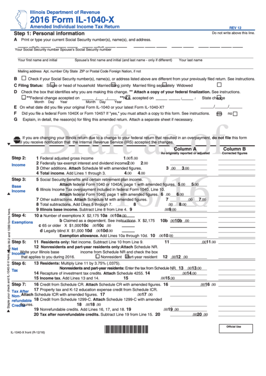 Form Il-1040-X - Amended Individual Income Tax Return - 2016 Printable pdf