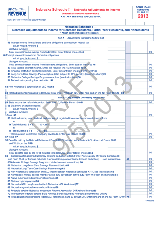 Form 1040n Draft - Nebraska Schedule I - Nebraska Adjustments To Income - 2013 Printable pdf