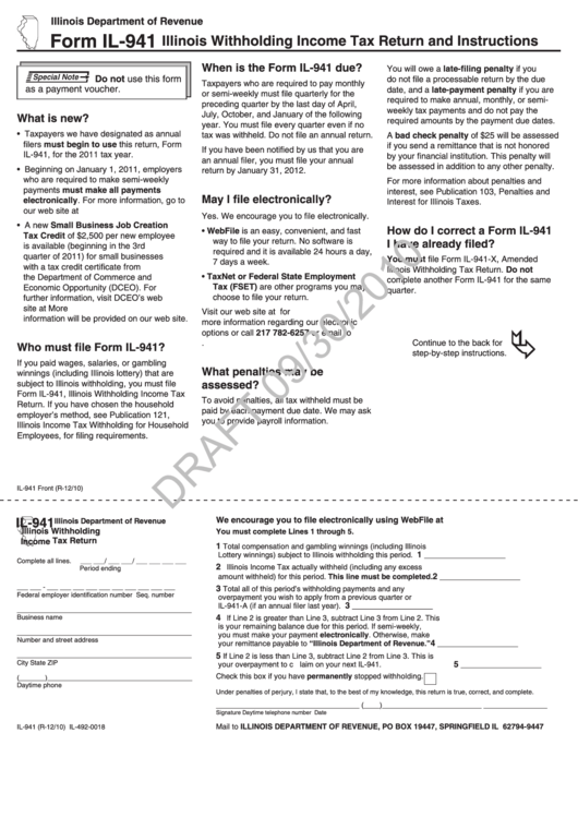 Form Il-941 - Illinois Withholding Income Tax Return And Instructions - 2010 Printable pdf