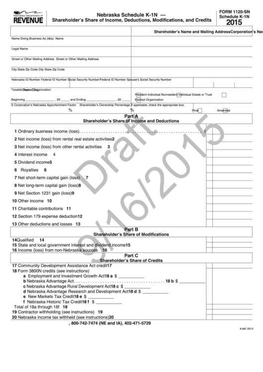 Form 1120-Sn (Draft) - Nebraska Schedule K-1n - Shareholder