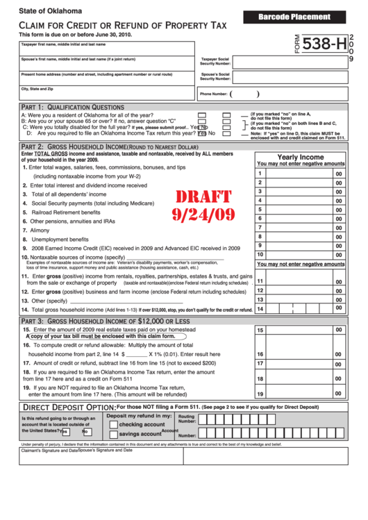 Form 538-H Draft - Claim For Credit Or Refund Of Property Tax - 2009 Printable pdf