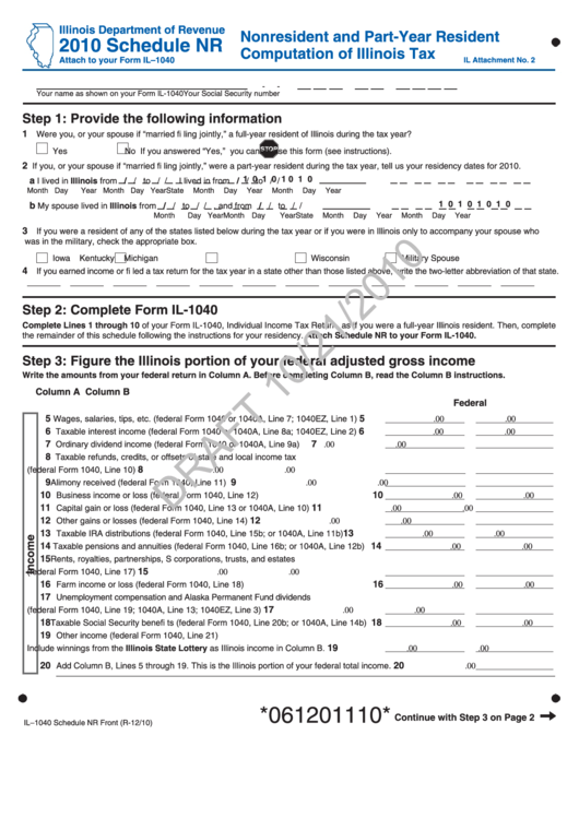 Form Il-1040 Draft - Schedule Nr - Nonresident And Part-Year Resident Computation Of Illinois Tax - 2010 Printable pdf