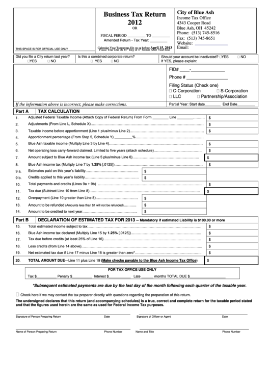 Business Tax Return Form - City Of Blue Ash - 2012 Printable pdf