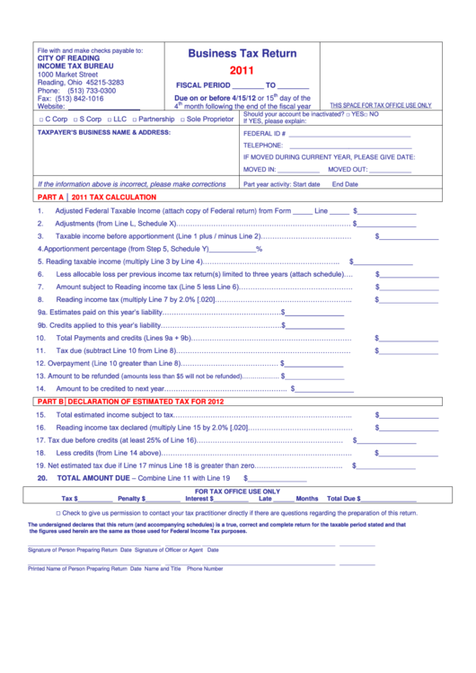 Business Tax Return Form - City Of Reading Income Tax Bureau - 2011 Printable pdf