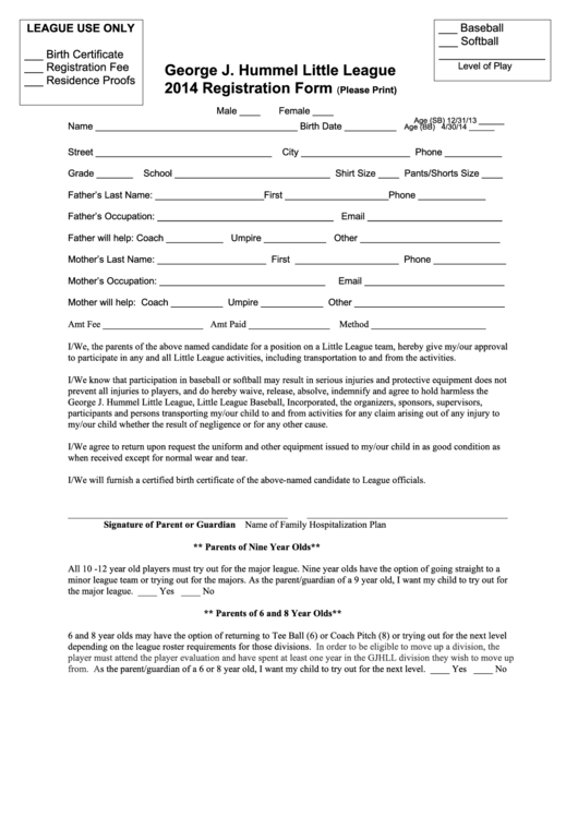 2014 Registration Form - George J. Hummel Little League Printable pdf