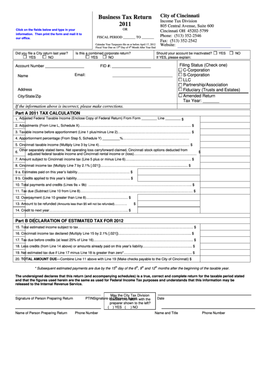 Fillable Business Tax Return -C Ity Of Cincinnati - 2011 Printable pdf