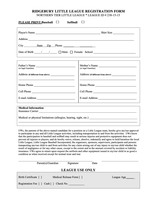 Registration Form - Ridgebury Little League Printable pdf