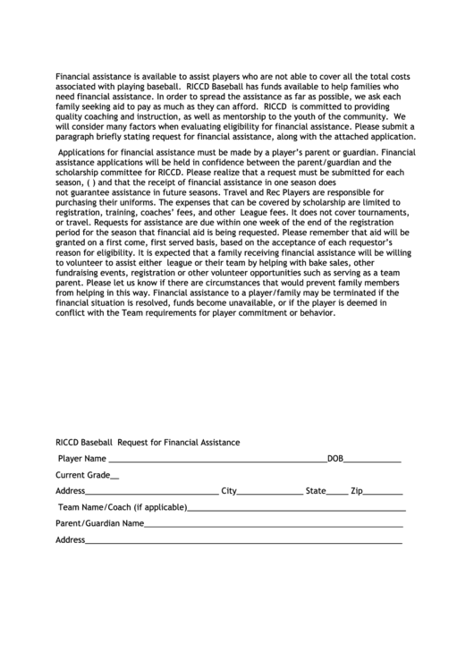 Riccd Baseball Request For Financial Assistance Form Printable pdf