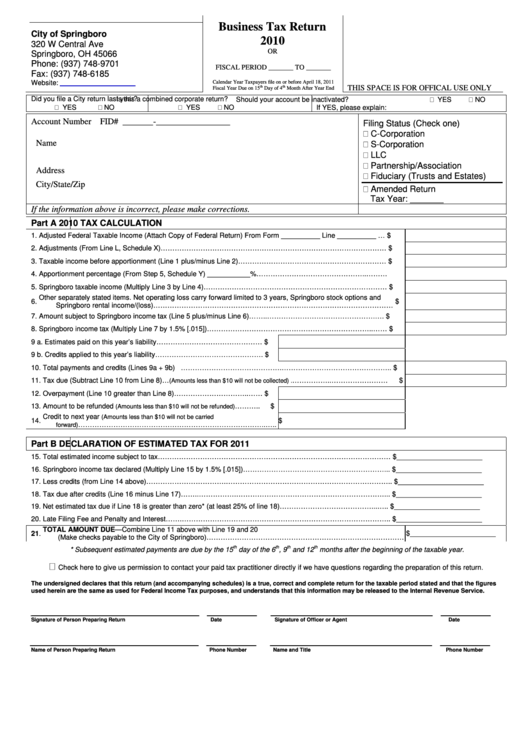 Business Tax Return Form - City Of Springboro, Ohio - 2010 Printable pdf