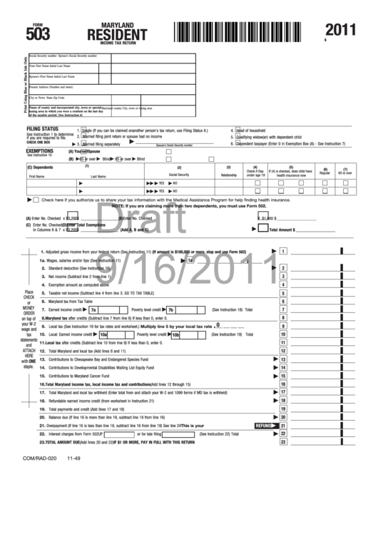 Form 503 Draft - Resident Income Tax Return - 2011 Printable pdf