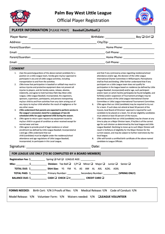 Little League Official Player Registration Form Printable pdf