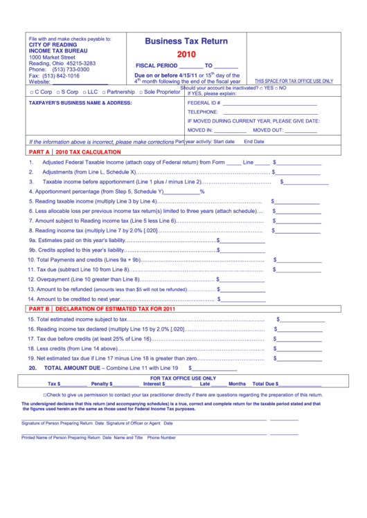 Business Tax Return Form - City Of Reading Income Tax Bureau - 2010 Printable pdf
