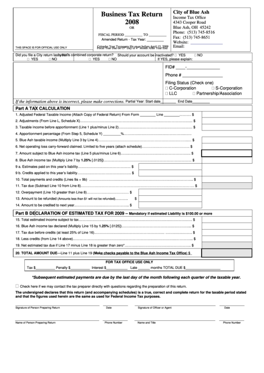 Business Tax Return - City Of Blue Ash - 2008 Printable pdf