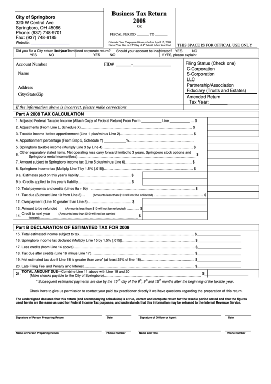 Business Tax Return Form - City Of Springboro, Ohio - 2008 Printable pdf