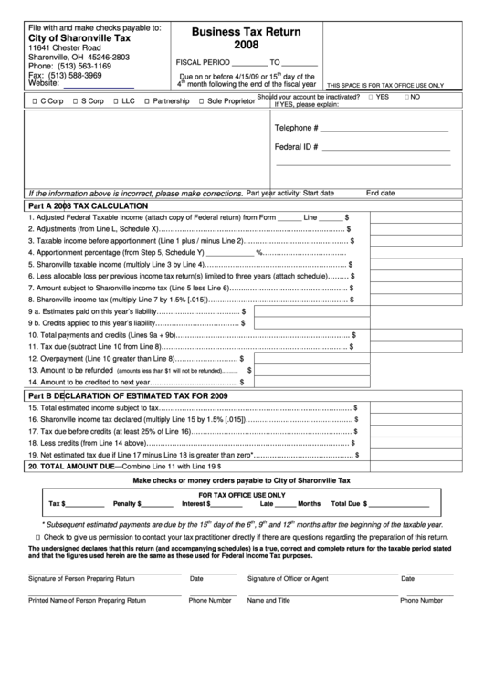 Business Tax Return Form -City Of Sharonville Tax - 2008 Printable pdf