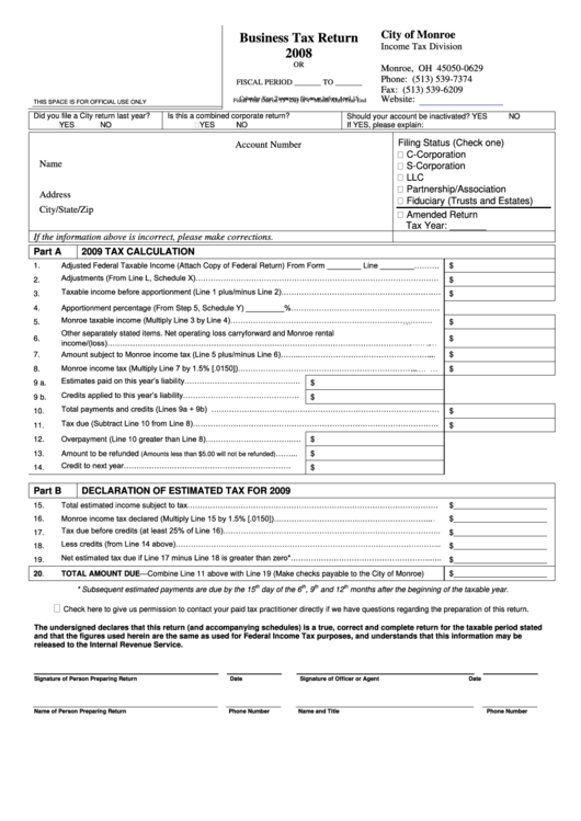 Business Tax Return Form - City Of Monroe - 2008 Printable pdf