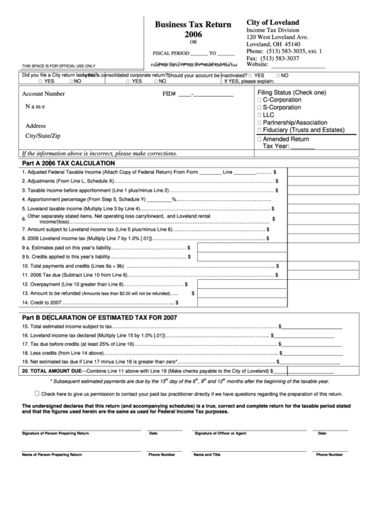 Business Tax Return Form - City Of Loveland - 2006 Printable pdf