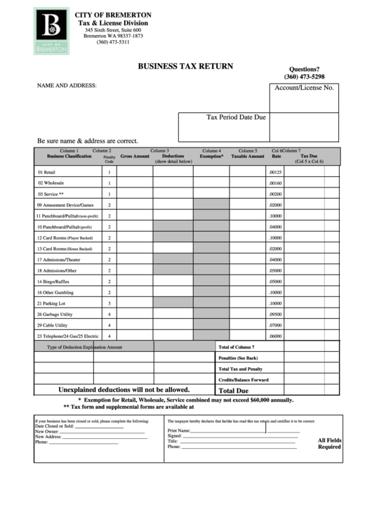 Business Tax Return-City Of Bremerton Form Printable pdf