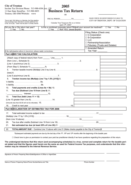 Business Tax Return - City Of Trenton Income Tax Division - 2005 Printable pdf