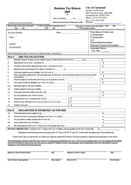 Business Tax Return - City Of Cincinnati - 2005 Printable pdf