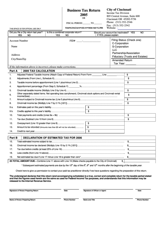 Business Tax Return - City Of Cincinnati - 2005 printable pdf download