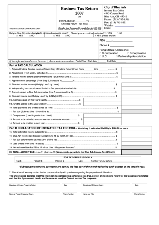 Business Tax Return - City Of Blue Ash - 2007 Printable pdf