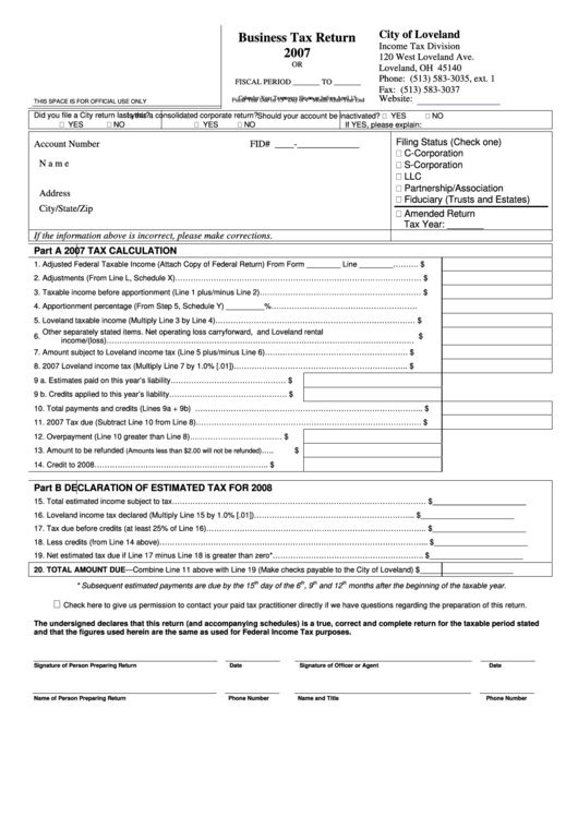 Business Tax Return Form -City Of Loveland - 2007 Printable pdf