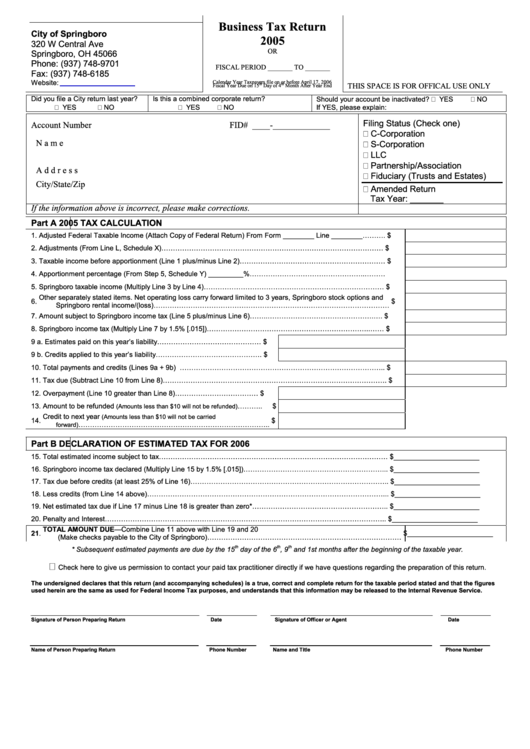 Business Tax Return Form - City Of Springboro, Ohio - 2005 Printable pdf