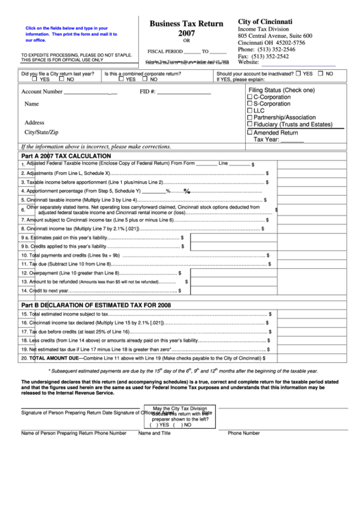 Fillable Business Tax Return - City Of Cincinnati - 2007 Printable pdf