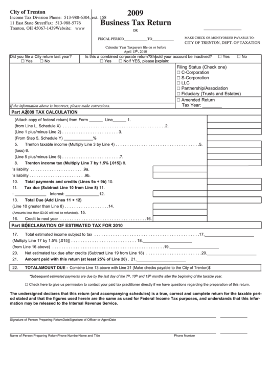 Business Tax Return - City Of Trenton Income Tax Division - 2009 Printable pdf
