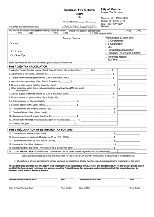 Business Tax Return Form - City Of Monroe - 2009 printable pdf download