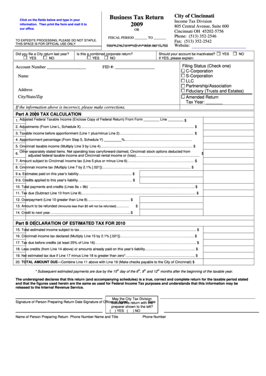 Fillable Business Tax Return - City Of Cincinnati - 2009 Printable pdf
