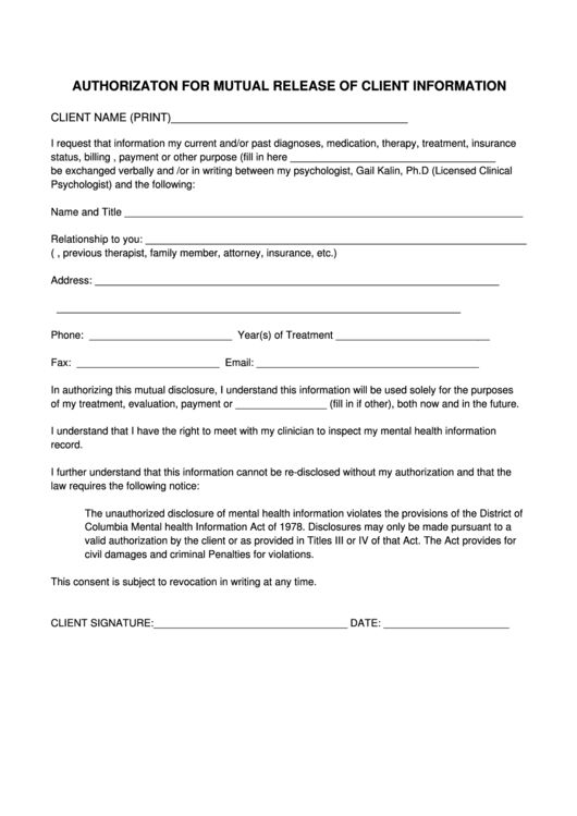 Fillable Authorizaton Form For Mutual Release Of Client Information Printable pdf