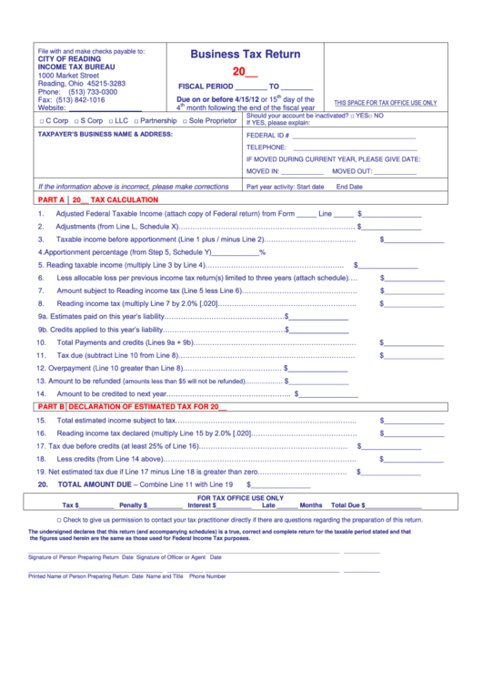 Business Tax Return Form - City Of Reading Income Tax Bureau Printable pdf