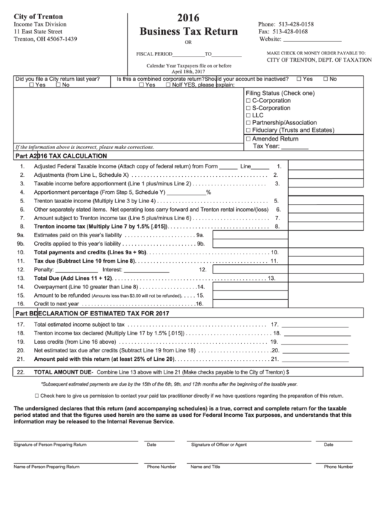 Business Tax Return - City Of Trenton Income Tax Division - 2016 Printable pdf