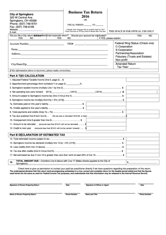 Business Tax Return - City Of Springboro Form - 2016 Printable pdf