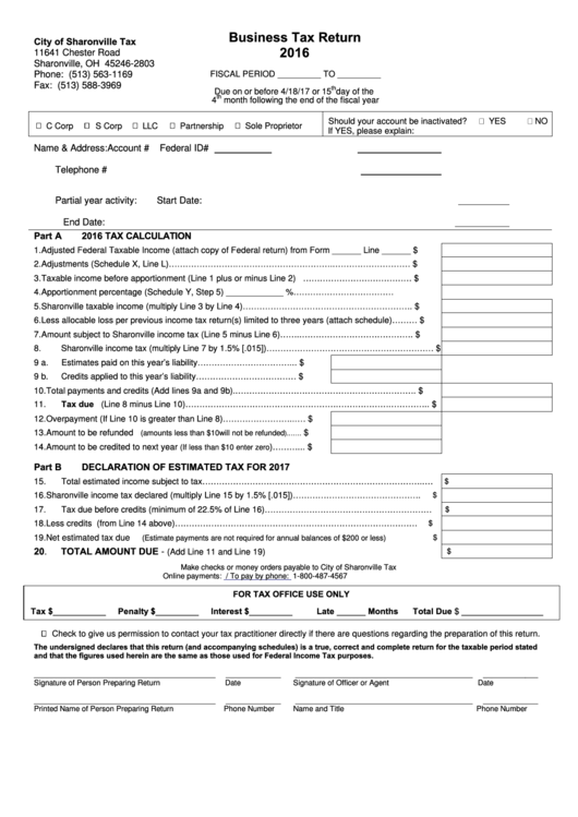 Fillable Business Tax Return Form - City Of Sharonville Tax - 2016 Printable pdf