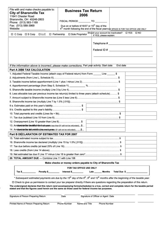 Business Tax Return Form - City Of Sharonville Tax - 2006 printable pdf ...