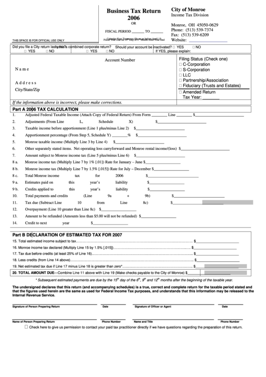 Business Tax Return Form - City Of Monroe - 2006 Printable pdf