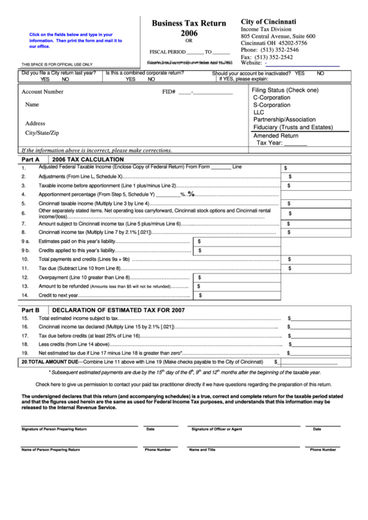 Fillable Business Tax Return - City Of Cincinnati - 2006 printable pdf ...