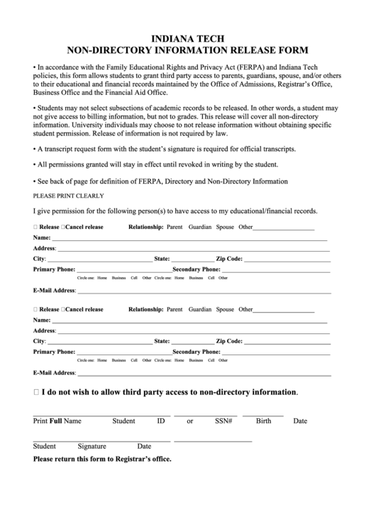 Fillable Indiana Tech Non-Directory Information Release Form Printable pdf