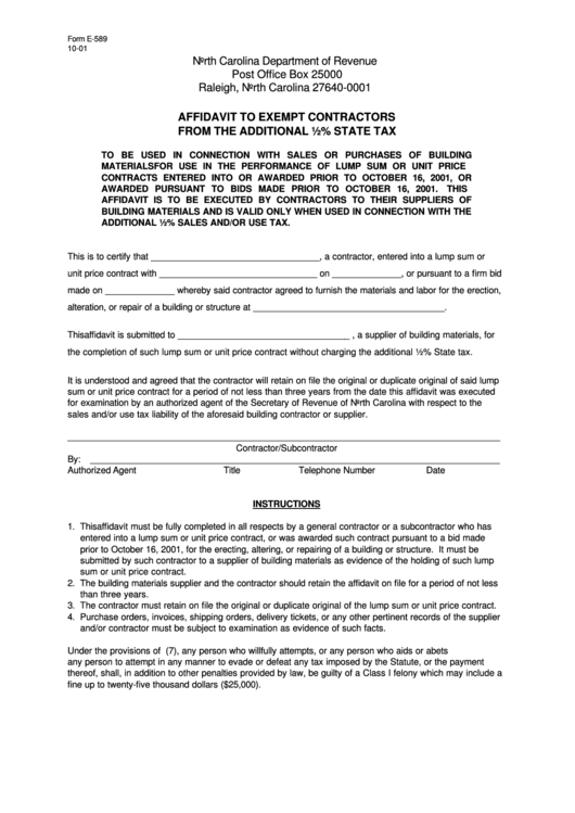 Form E-589-Affidavit To Exempt Contractors From The Additional State Tax Printable pdf