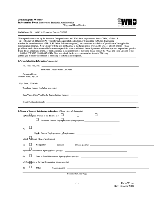 Form Wh4 Nonimmigrant Worker Information Form printable pdf download