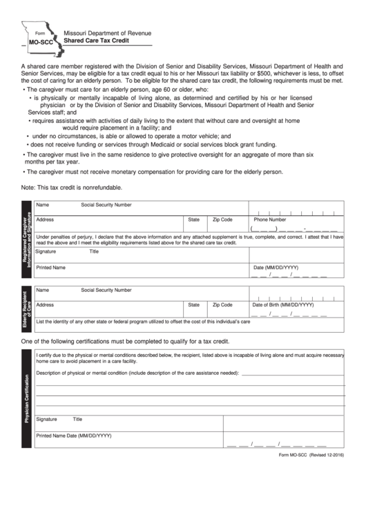 Fillable Form Mo-Scc - Shared Care Tax Credit - 2016 Printable pdf