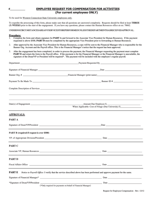Fillable Employee Request For Compensation For Activities Form Printable pdf