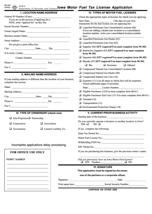 Form 80-001 - Iowa Motor Fuel Tax License Application - 2002 Printable pdf