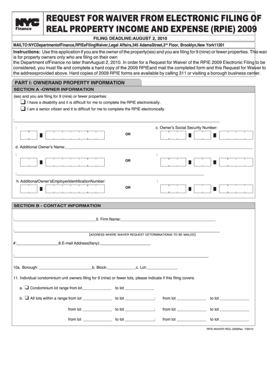 Request For Waiver From Electronic Filing Of Real Property Income And Expense (Rpie) Form 2009 Printable pdf