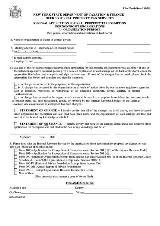 Form Rp-420-A/b-Rnw-I - Renewal Application For Real Property Tax Exemption For Nonprofit Organizations I - Organization Purpose 2008 Printable pdf