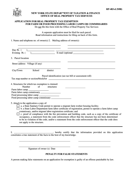 Form Rp-483-D - Application For Real Property Tax Exemption For Farm Or Food Processing Labor Camps Or Commissaries Printable pdf