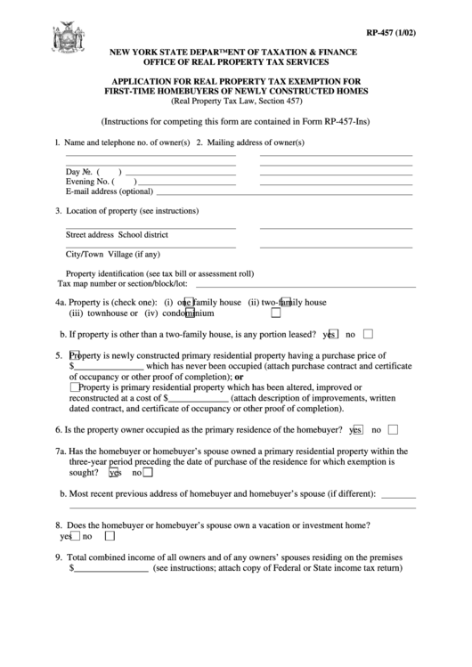 Form Rp-457 - Application For Real Property Tax Exemption For First-Time Homebuyers Of Newly Constructed Homes Printable pdf